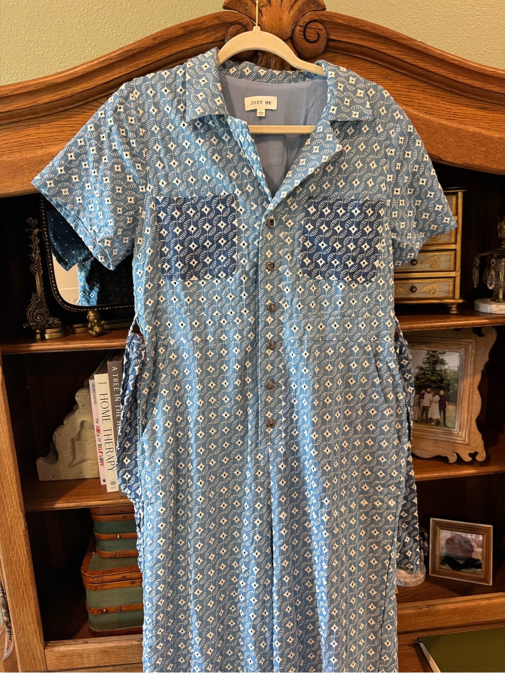 Just Me Blue Diamond-Print Short-Sleeve Button Dress